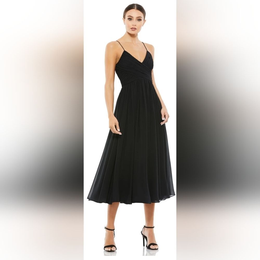 Mac Duggal Black Midi A-Line Spaghetti Strap Dress